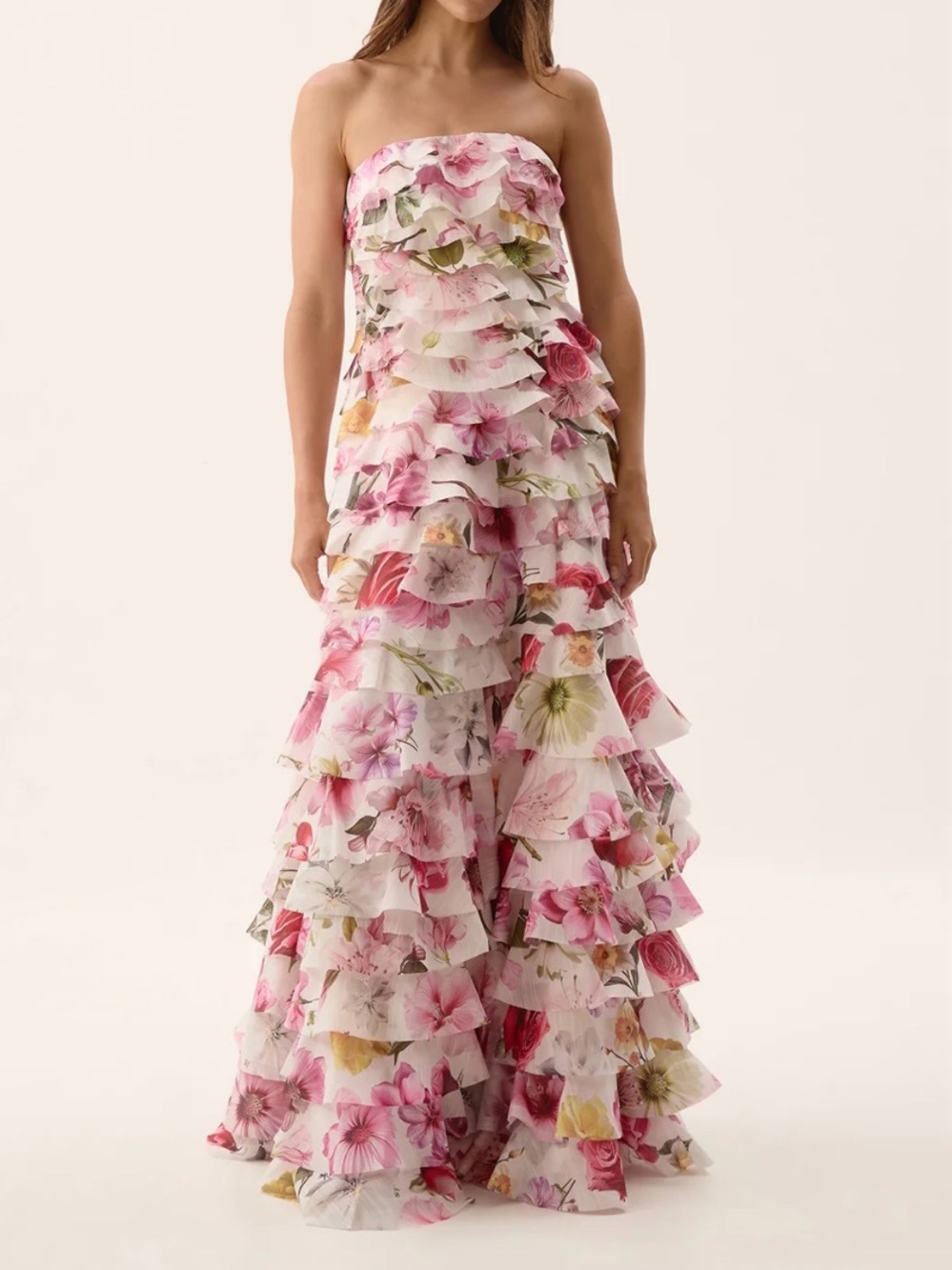 Aje White Strapless Ruffle Maxi Dress with Pink Floral Print